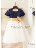 Short Sleeves Navy Blue Sequin Ivory Tulle Knee Length Flower Girl Dress 